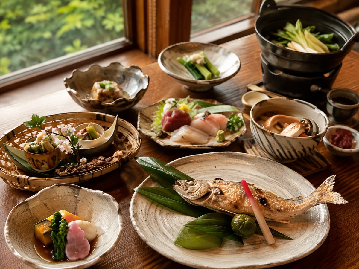 信州野菜と川魚を使った季節の夕食