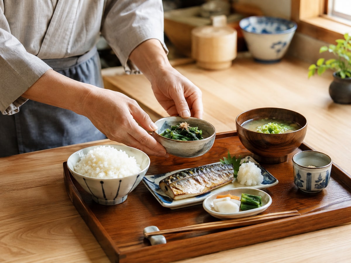 宿主が地元の食材で朝食を整える手元
